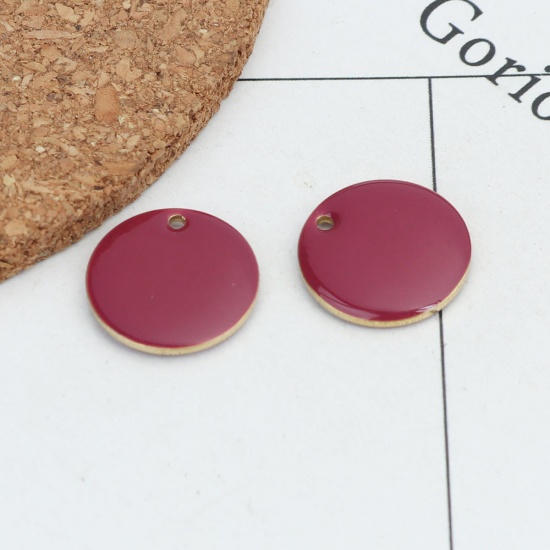Picture of Brass Enamelled Sequins Charms Gold Plated Fuchsia Round 16mm Dia., 10 PCs                                                                                                                                                                                    