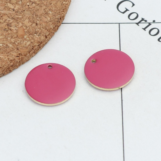 Picture of Brass Enamelled Sequins Charms Gold Plated Fuchsia Round 16mm Dia., 10 PCs                                                                                                                                                                                    