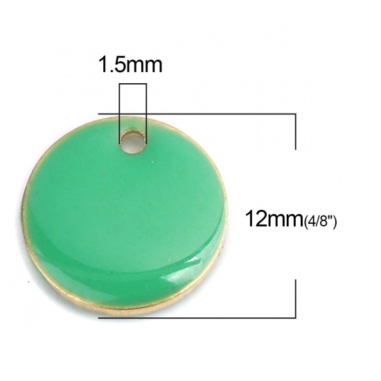 Изображение Латунь Эмалированные Блестки Подвески Позолоченный Зеленый Круглые 12мм диаметр., 10 ШТ                                                                                                                                                                       