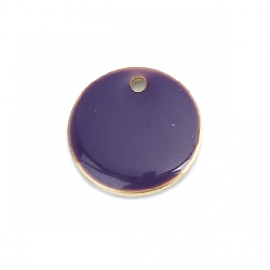 Picture of Brass Enamelled Sequins Charms Gold Plated Purple Round 12mm Dia., 10 PCs                                                                                                                                                                                     