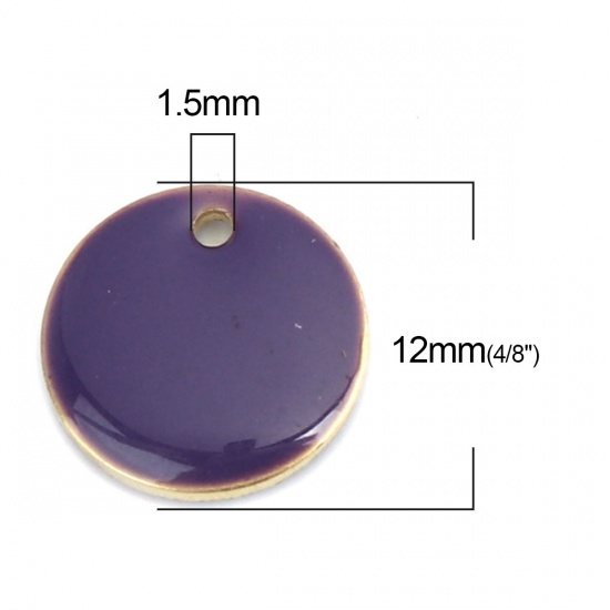 Изображение Латунь Эмалированные Блестки Подвески Позолоченный Фиолетовый Круглые 12мм диаметр., 10 ШТ                                                                                                                                                                    