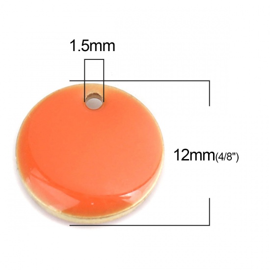 Изображение Латунь Эмалированные Блестки Подвески Позолоченный Оранжевый Круглые 12мм диаметр., 10 ШТ                                                                                                                                                                     