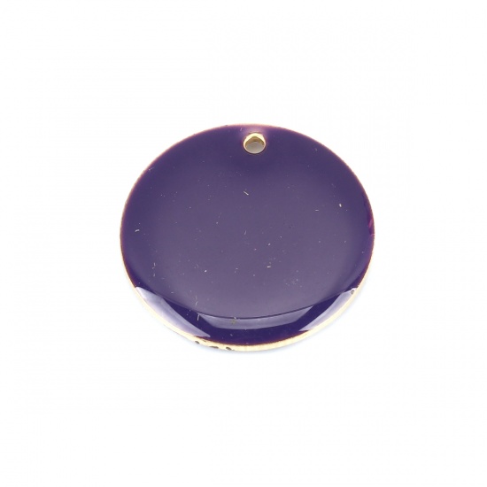 Изображение Латунь Эмалированные Блестки Подвески Позолоченный Темно-фиолетовый Круглые 20мм диаметр., 5 ШТ                                                                                                                                                               