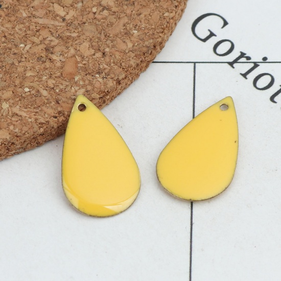 Picture of Brass Enamelled Sequins Charms Gold Plated Dark Yellow Drop 21mm x 13mm, 10 PCs                                                                                                                                                                               