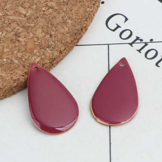 Picture of Brass Enamelled Sequins Charms Gold Plated Fuchsia Drop 21mm x 13mm, 10 PCs                                                                                                                                                                                   