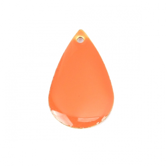 Изображение Латунь Эмалированные Блестки Подвески Позолоченный Оранжево-красный водяная капля 21мм x 13мм, 10 ШТ                                                                                                                                                          