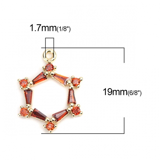 Bild von Messing Charms Blumen Vergoldet Hohl Rot Strass 19mm x 15mm, 2 Stück