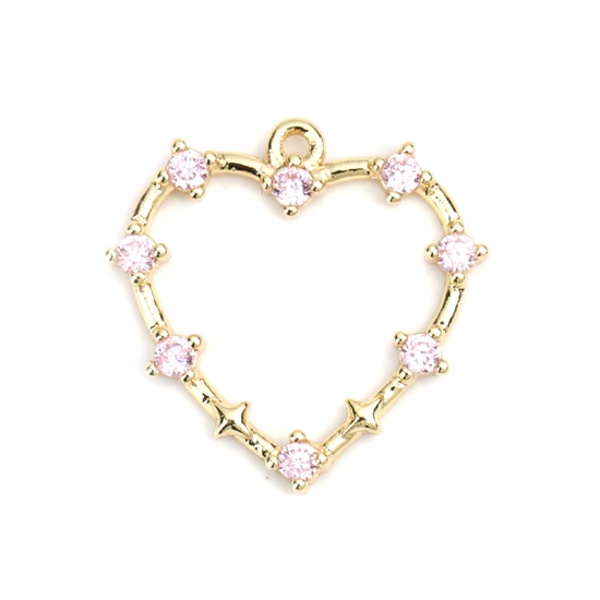 Image de Breloques La Saint Valentin en Laiton Cœur Doré Creux à Strass Rose 19mm x 18mm, 2 Pcs