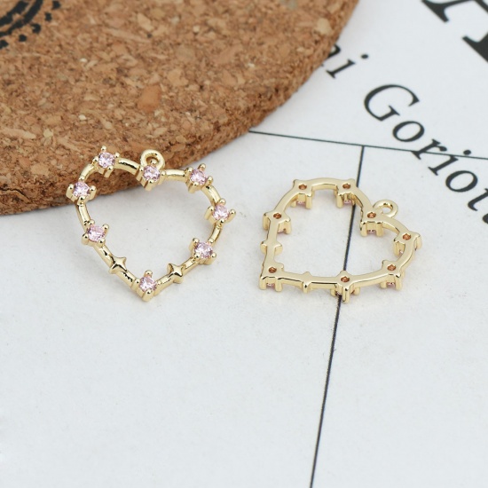 Image de Breloques La Saint Valentin en Laiton Cœur Doré Creux à Strass Rose 19mm x 18mm, 2 Pcs