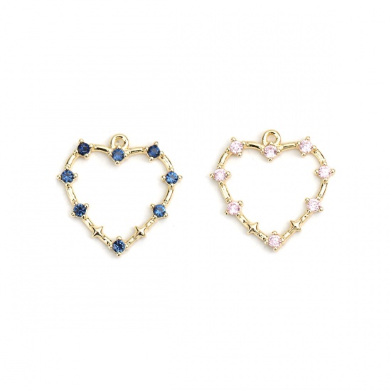 Image de Breloques La Saint Valentin en Laiton Cœur Doré Creux à Strass Rose 19mm x 18mm, 2 Pcs