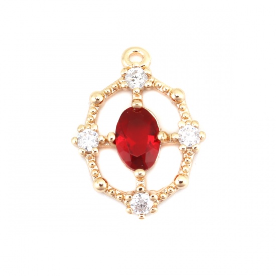 Imagen de Latón Colgantes Charms Chapado en Oro Óvalo Hueco Transparente & Rojo Rhinestone 16mm x 12mm, 2 Unidades