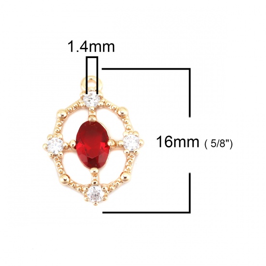 Imagen de Latón Colgantes Charms Chapado en Oro Óvalo Hueco Transparente & Rojo Rhinestone 16mm x 12mm, 2 Unidades
