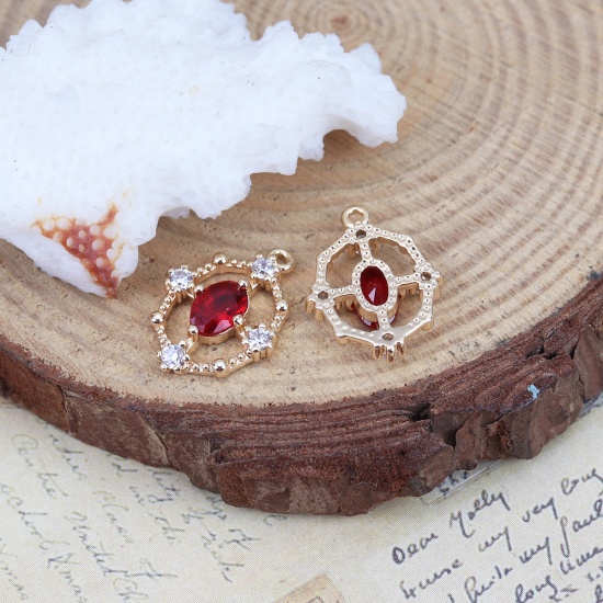 Imagen de Latón Colgantes Charms Chapado en Oro Óvalo Hueco Transparente & Rojo Rhinestone 16mm x 12mm, 2 Unidades