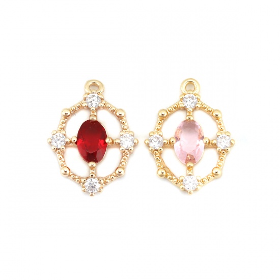 Imagen de Latón Colgantes Charms Chapado en Oro Óvalo Hueco Transparente & Rojo Rhinestone 16mm x 12mm, 2 Unidades