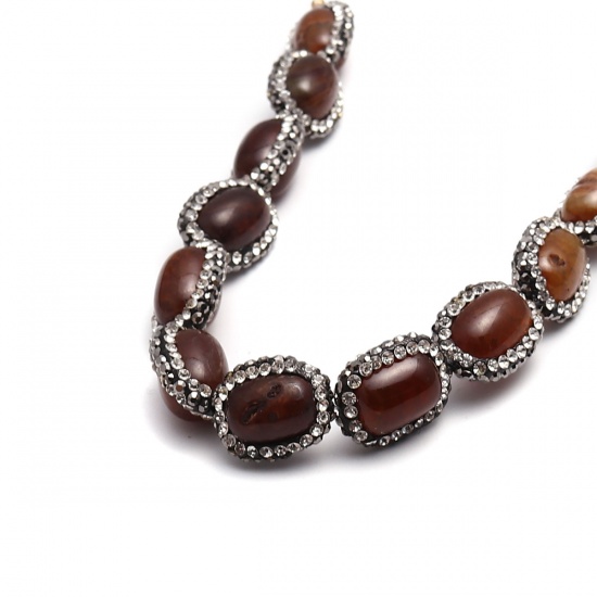 Picture of Agate ( Natural ) Gemstone Micro Pave Beads Oval Coffee Black & Clear Rhinestone Handmade About 18x15mm - 17x15mm, Hole: Approx 1mm, 1 Piece
