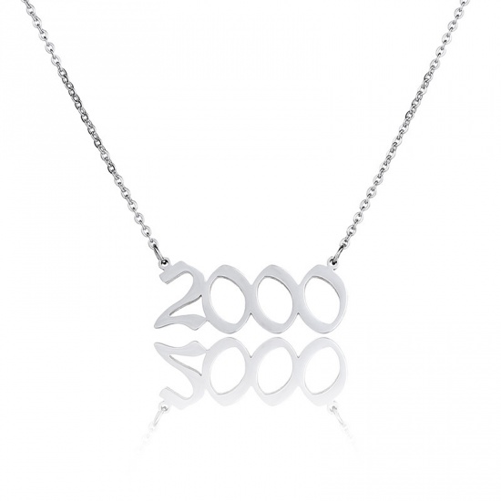 Picture of Stainless Steel Year Necklace Silver Tone Number Message " 2000 " Hollow 45cm(17 6/8") long, 1 Piece
