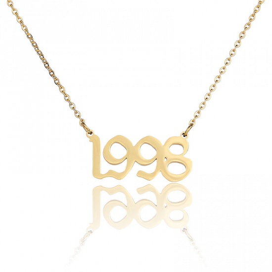Picture of Stainless Steel Year Necklace Gold Plated Number Message " 1998 " Hollow 45cm(17 6/8") long, 1 Piece