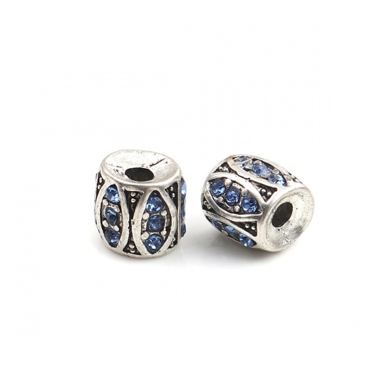 Picture of Zinc Based Alloy Spacer Beads Cylinder Antique Silver Color Blue Rhinestone About 10mm x 10mm, Hole: Approx 2.9mm, 5 PCs