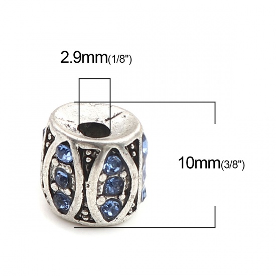 Picture of Zinc Based Alloy Spacer Beads Cylinder Antique Silver Color Blue Rhinestone About 10mm x 10mm, Hole: Approx 2.9mm, 5 PCs