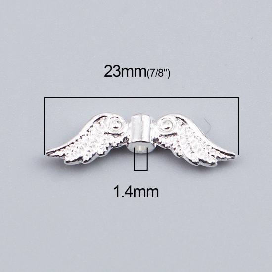 Bild von Zinklegierung Zwischenperlen Spacer Perlen Flügel Versilbert ca. 23mm x 7mm, Loch:ca. 1.4mm, 100 Stück