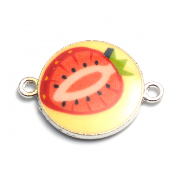 Picture of Zinc Based Alloy Connectors Round Silver Tone Multicolor Strawberry Enamel 25mm x 18mm, 10 PCs