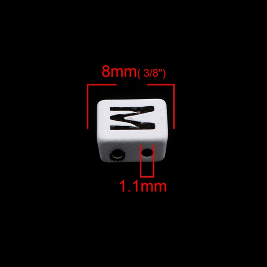 Immagine di Lega di Zinco Smalto Perline Due Fori Quadrato Nero & Bianco Lettera Maiuscola Scolpisce Lettere " M " Circa 8mm x 8mm, Foro:Circa 1.1mm, 10 Pz