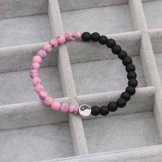 Picture of Synthetic Gemstone Elastic Dainty Bracelets Delicate Bracelets Beaded Bracelet Black & Pink Silver Tone Round Yin Yang Symbol 19cm(7 4/8") long, 1 Piece