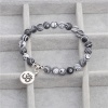 Bild von Natur Malachit Religiös Perlenarmband Silberfarbe Schwarz & Weiß Rund OM Symbol Elastisch 19cm lang, 1 Strang