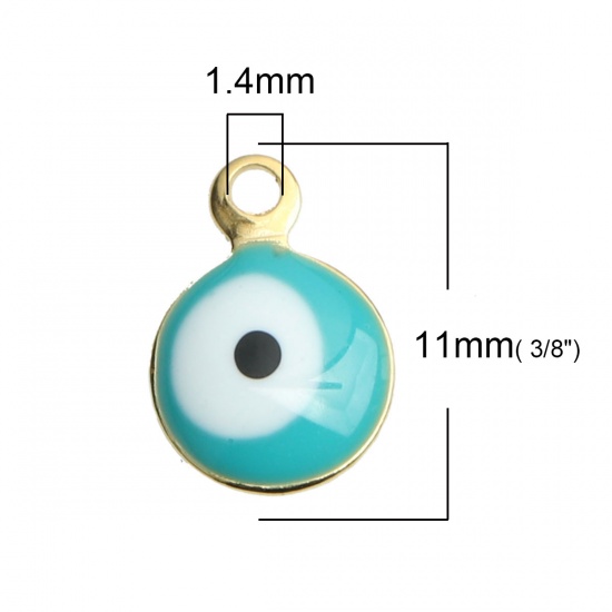 Picture of 304 Stainless Steel Religious Charms Round Gold Plated Green Blue Evil Eye Enamel 11mm x 8mm, 10 PCs