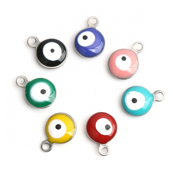Picture of 304 Stainless Steel Religious Charms Round Silver Tone White & Yellow Evil Eye Enamel 11mm x 8mm, 10 PCs