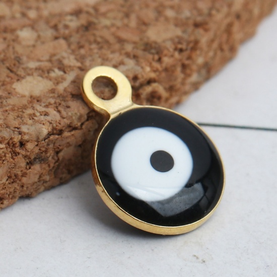 Picture of 304 Stainless Steel Religious Charms Round Gold Plated Black & White Evil Eye Enamel 11mm x 8mm, 10 PCs