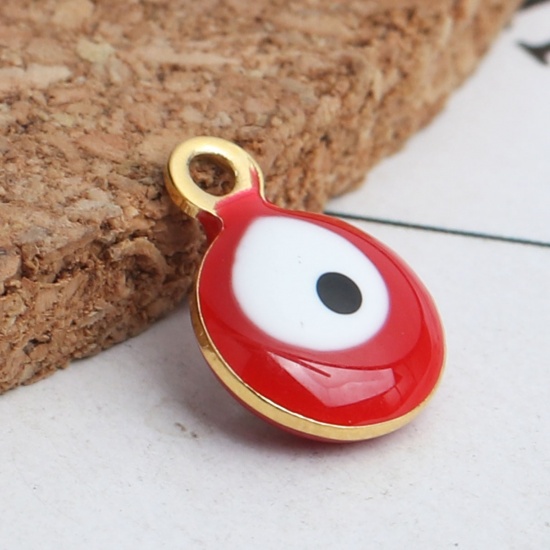 Picture of 304 Stainless Steel Religious Charms Round Gold Plated White & Red Evil Eye Enamel 11mm x 8mm, 10 PCs