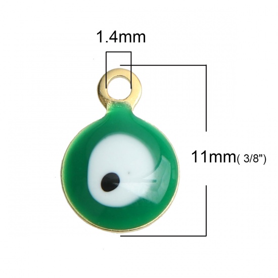 Picture of 304 Stainless Steel Religious Charms Round Gold Plated White & Green Evil Eye Enamel 11mm x 8mm, 10 PCs