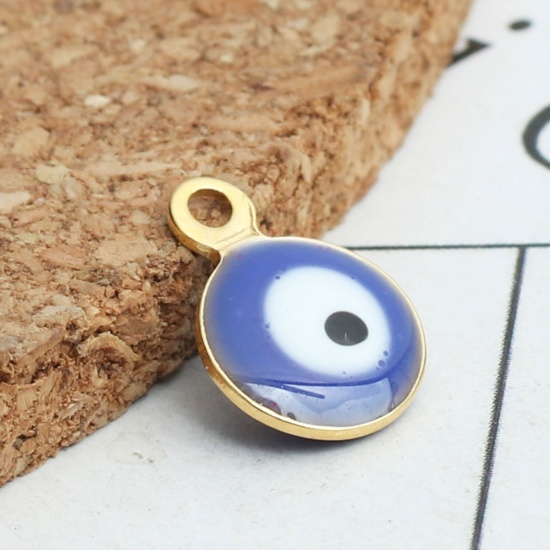 Picture of 304 Stainless Steel Religious Charms Round Gold Plated White & Purple Evil Eye Enamel 9mm x 6mm, 10 PCs
