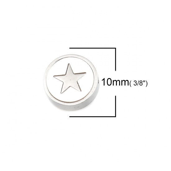 Imagen de 304 Acero Inoxidable & Concha Cuentas Plano Redondo Tono de Plata Blanco Crema Estrella 10mm Diámetro, Agujero: Aprox 1.4mm, 1 Unidad