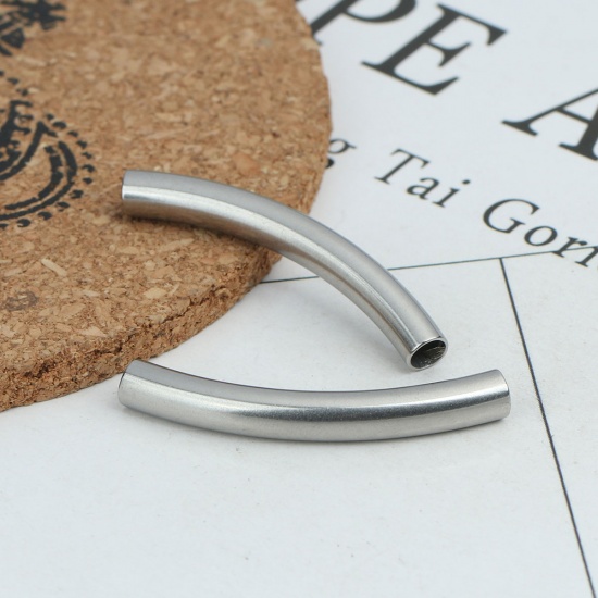 Image de Perles en 304 Acier Inoxydable Colonne Argent Mat Courbe 40mm x 9mm, Trou: env. 4.1mm, 10 Pcs