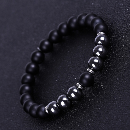 Picture of Natural Black Stone Elastic Dainty Bracelets Delicate Bracelets Beaded Bracelet Black Round 18.5cm(7 2/8") long, 1 Piece