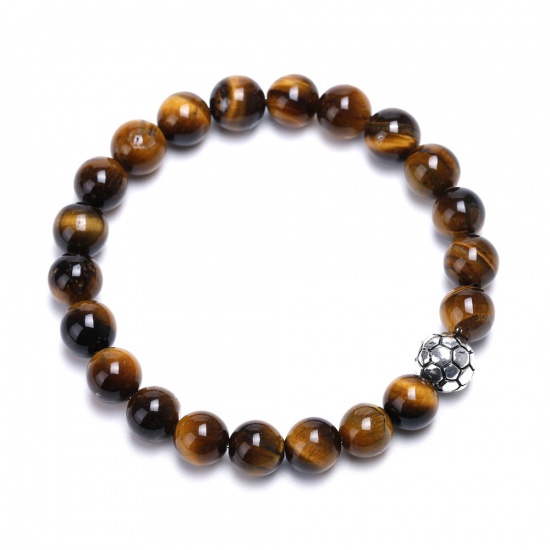 Picture of Natural Tiger's Eyes Sport Elastic Dainty Bracelets Delicate Bracelets Beaded Bracelet Brown Yellow Antique Silver Round Football 18.5cm(7 2/8") long, 1 Piece