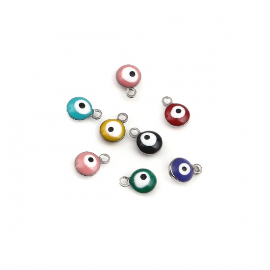 Picture of 304 Stainless Steel Religious Charms Round Silver Tone At Random Mixed Evil Eye Enamel 9mm x 6mm, 20 PCs