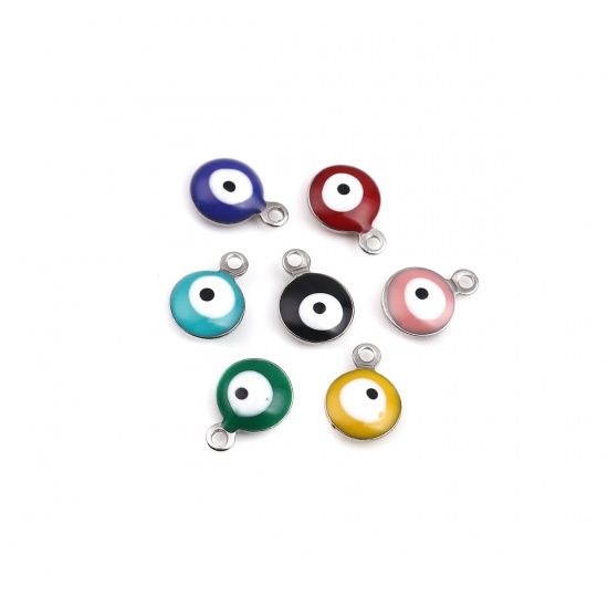 Picture of 304 Stainless Steel Religious Charms Round Silver Tone At Random Mixed Evil Eye Enamel 11mm x 8mm, 20 PCs