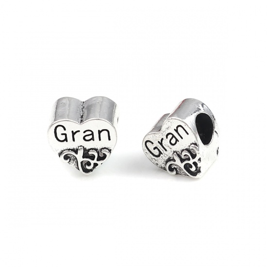 Picture of Zinc Based Alloy European Style Large Hole Charm Beads Heart Antique Silver Flower Vine Message " GRAN " About 11mm x 11mm, Hole: Approx 4.5mm, 10 PCs