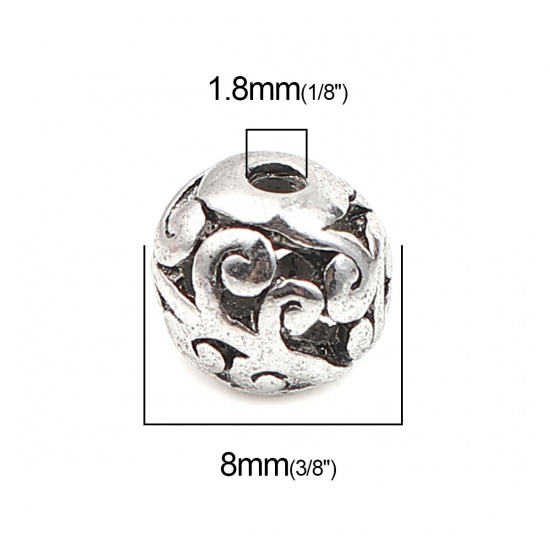 Picture of Zinc Based Alloy Spacer Beads Round Antique Silver Color Filigree About 8mm Dia., Hole: Approx 1.8mm, 10 PCs