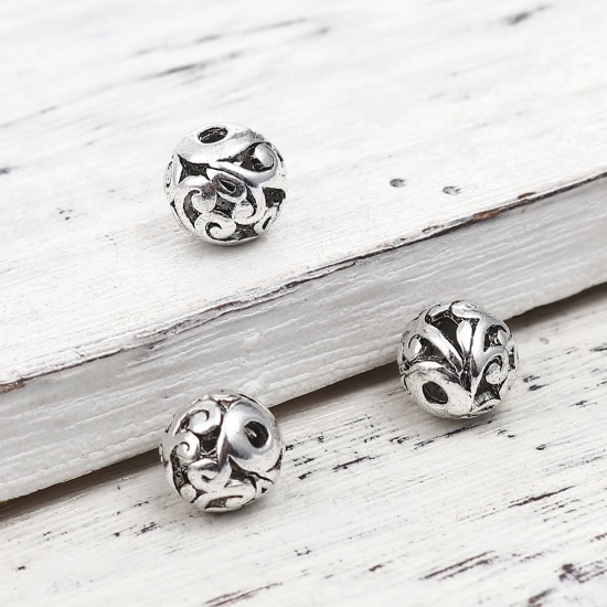 Picture of Zinc Based Alloy Spacer Beads Round Antique Silver Color Filigree About 8mm Dia., Hole: Approx 1.8mm, 10 PCs