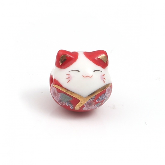 Immagine di Ceramica Diatanziale Perline Gatto Rosso Circa 15mm x 14mm, Foro: Circa 2.7mm, 1 Pz