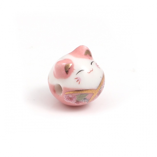 Picture of Ceramic Beads Cat Animal Pink About 15mm x 14mm, Hole: Approx 2.7mm, 1 Piece