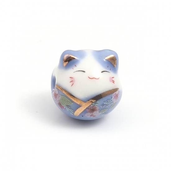 Picture of Ceramic Beads Cat Animal Blue About 15mm x 14mm, Hole: Approx 2.7mm, 1 Piece