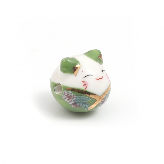 Picture of Ceramic Beads Cat Animal Green About 15mm x 14mm, Hole: Approx 2.7mm, 1 Piece