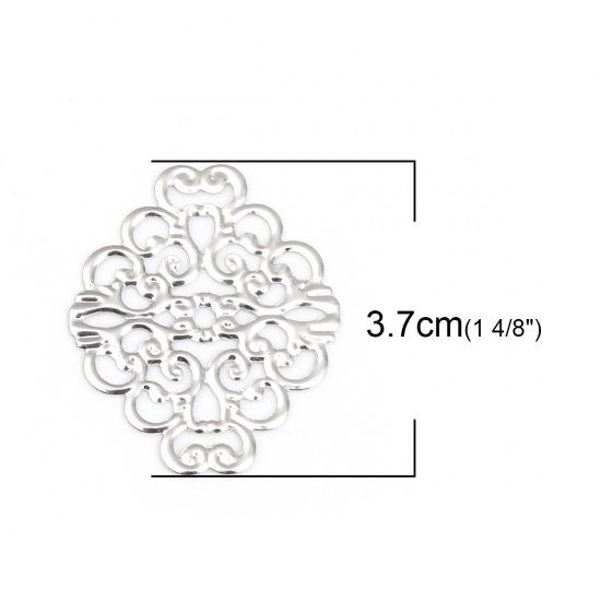Bild von Zinklegierung Filigran Stempel Verzierung Verbinder Geometrie Silberfarbe mit Filigran Muster 37mm x 30mm, 50 Stück