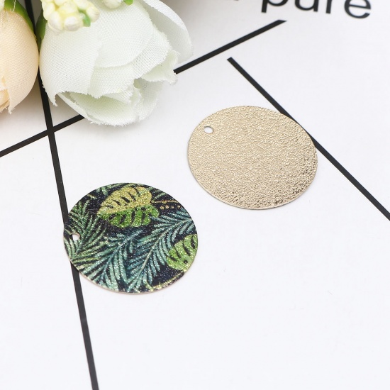 Picture of Copper Enamel Painting Charms Gold Plated Green Round Leaf Sparkledust 20mm Dia., 10 PCs