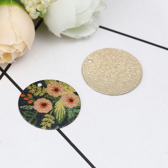 Picture of Copper Enamel Painting Charms Gold Plated Multicolor Round Flower Leaves Sparkledust 20mm Dia., 10 PCs